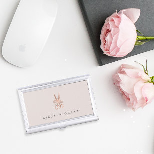 Rose Gold Floral Scissors Personalised Hairstylist Business Card Holder