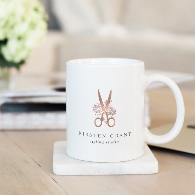 Rose Gold Floral Scissors Salon Logo Coffee Mug (Creator Uploaded)