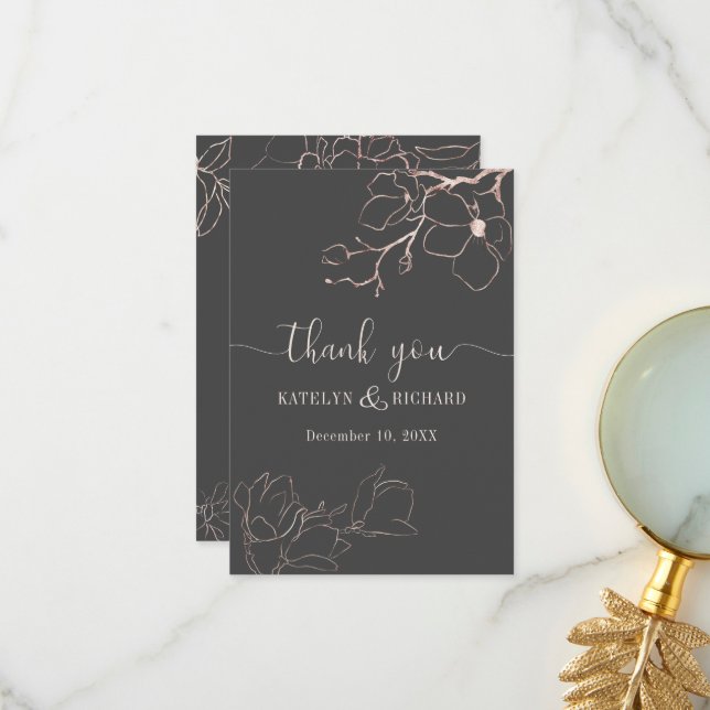 Rose gold floral silhouette wedding Thank You Card (Front/Back In Situ)
