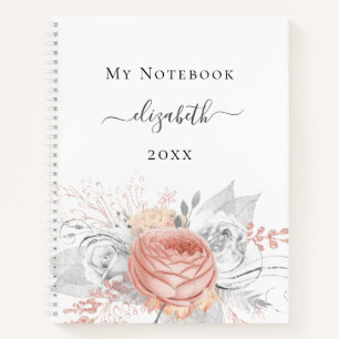 Rose gold floral silver foliage white name notebook