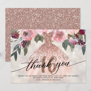 Rose Gold Floral Sweet 16 Thank You Card