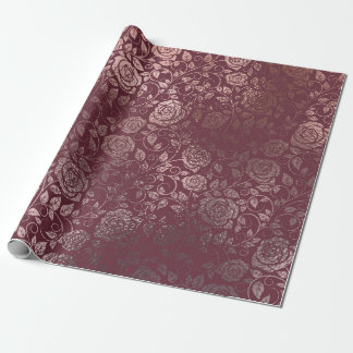 Rose Gold Floral Swirl Pattern on Burgundy Wrapping Paper