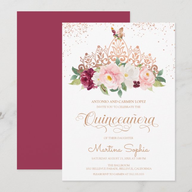 Rose Gold Floral Tiara & Butterfly Quinceanera Invitation (Front/Back)