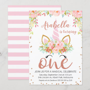 Rose Gold Floral Unicorn 1st Birthday Invitation