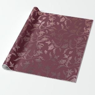 Rose Gold Floral Vine Pattern on Deep Burgundy Wrapping Paper