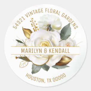 Rose Gold Floral Wedding Address Classic Round Sticker