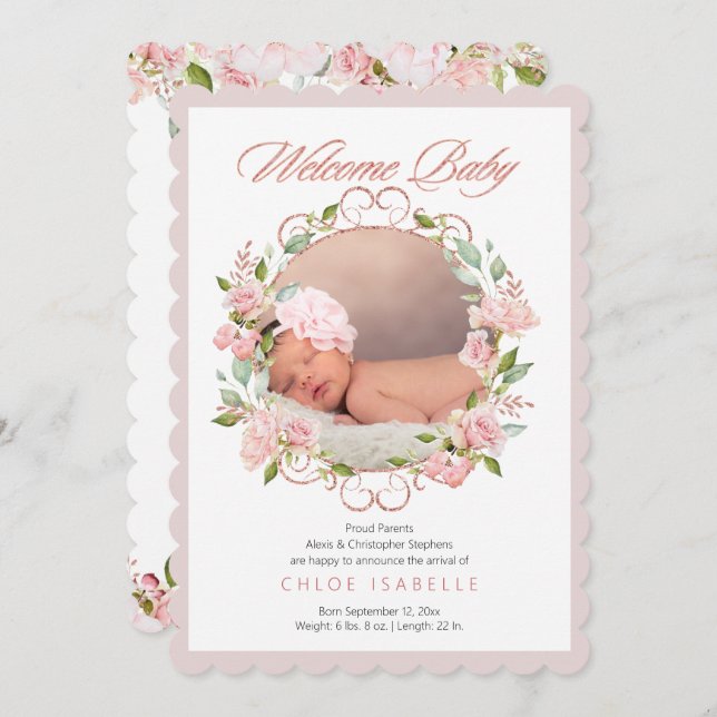 Rose Gold Floral Wreath 2 Photo Baby Girl Birth Announcement (Front/Back)