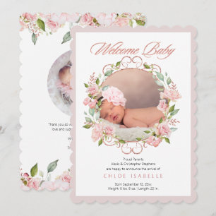 Rose Gold Floral Wreath 2 Photo Baby Girl Birth Announcement