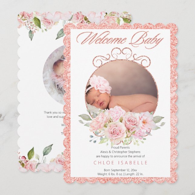 Rose Gold Floral Wreath 2 Photo Baby Girl Birth Announcement (Front/Back)