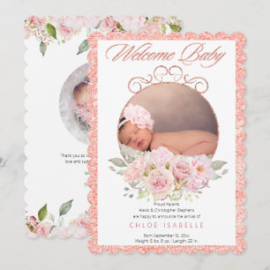 Rose Gold Floral Wreath 2 Photo Baby Girl Birth Announcement