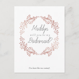 Rose Gold Floral Wreath Bridesmaid Proposal Postcard