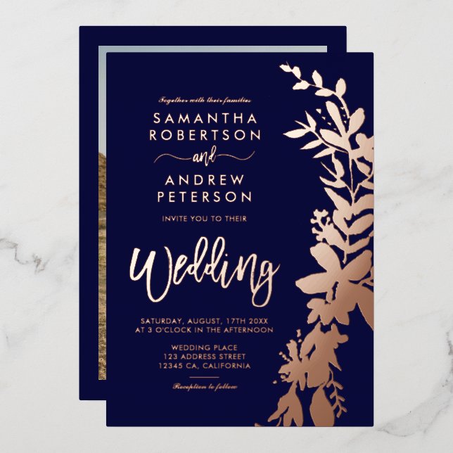 Rose gold floral wreath chic navy blue wedding (Front/Back)