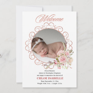 Rose Gold Floral Wreath Photo Birth Announcement