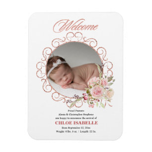 Rose Gold Floral Wreath Photo Birth Announcement Magnet