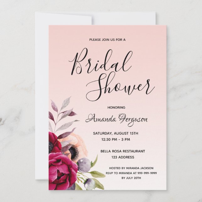 Rose gold florals birgundy script Bridal Shower Invitation (Front)
