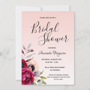Rose gold florals birgundy script Bridal Shower Invitation