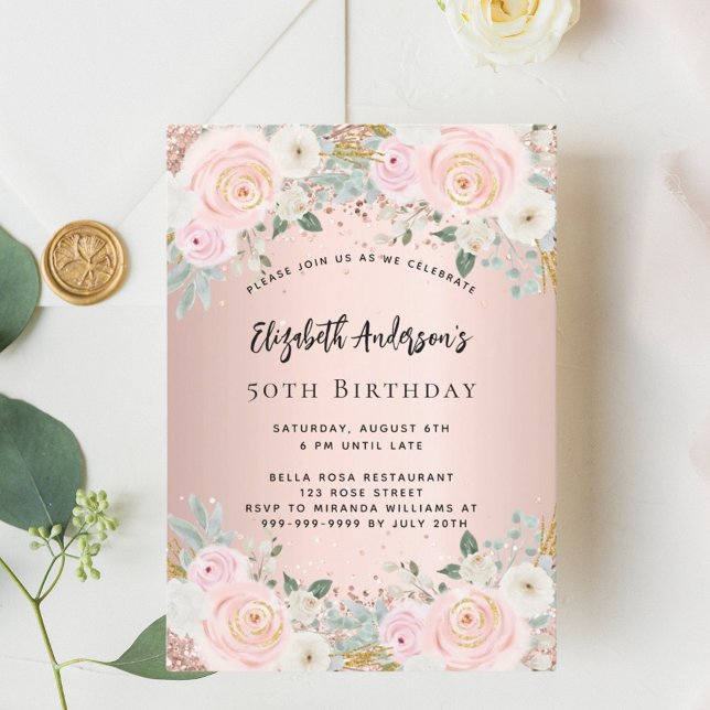 Rose gold florals birthday luxury invitation (Creator Uploaded)