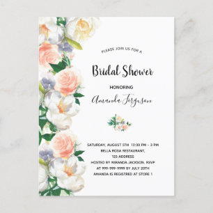 Rose gold florals blush pink white bridal shower postcard