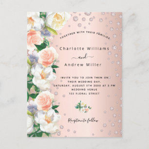 Rose gold florals blush wedding invitation postcard
