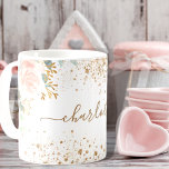 Rose gold florals eucalyptus gold glitter name coffee mug<br><div class="desc">A chic white background. Decorated with rose gold and blush pink florals, flowers (roses)and green watercolored eucalyptus leaves, sprigs, greenery and faux gold sprigs. Golden glitter dust. Personalise and add a name. The name is written with a modern hand lettered style script with swashes. To keep the swashes only delete...</div>