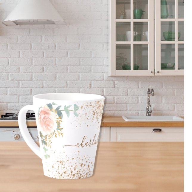 Rose gold florals eucalyptus gold glitter name latte mug (Creator Uploaded)