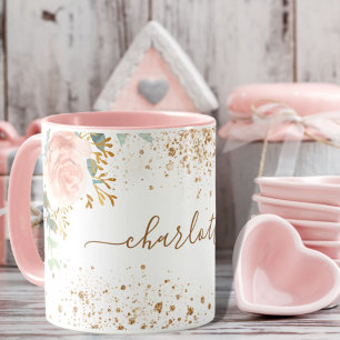 Rose gold florals eucalyptus gold glitter name mug