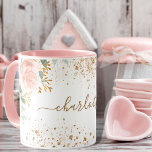 Rose gold florals eucalyptus goldname mug<br><div class="desc">A chic white background. Decorated with rose gold and blush pink florals, flowers (roses)and green watercolored eucalyptus leaves, sprigs, greenery and faux gold sprigs. Golden faux sparkles. Personalize and add a name. The name is written with a modern hand lettered style script with swashes. To keep the swashes only delete...</div>