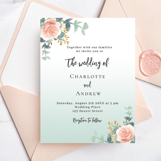 Rose gold florals green budget wedding invitation (Creator Uploaded)