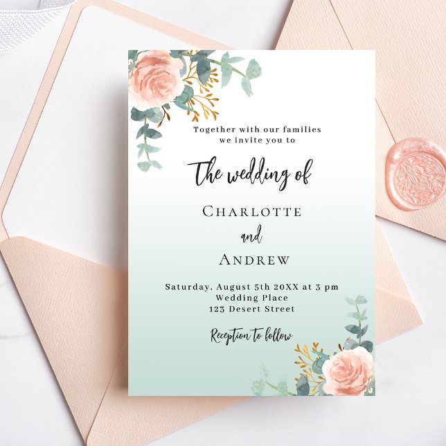 Rose gold florals green wedding invitation postcard (Creator Uploaded)