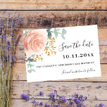 Rose gold florals greenery birthday Save the Date<br><div class="desc">White background decorated with a large rose gold and blush pink rose,  flower,  golden sprigs and eucalyptus greenery.  Personalise and add a date and name/age.  The text: Save the Date is written with a large trendy hand lettered style script.</div>
