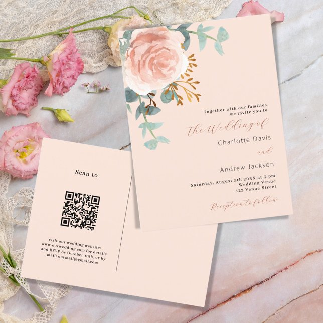 Rose gold florals greenery peach QR RSVP wedding Invitation Postcard (Creator Uploaded)