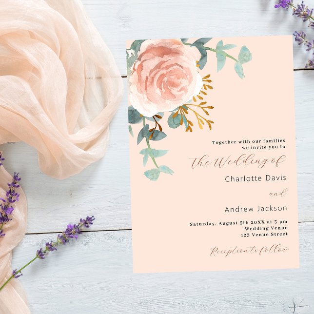 Rose gold florals greenery peach wedding invitation (Creator Uploaded)