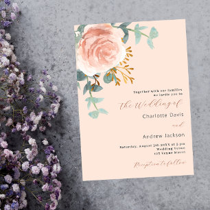 Rose gold florals greenery peach wedding invitation