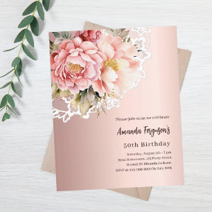 Rose gold florals lace 50th birthday invitation
