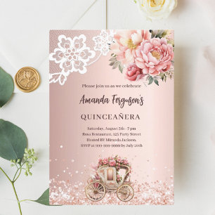 Rose gold florals lace carriage Quinceanera Invitation