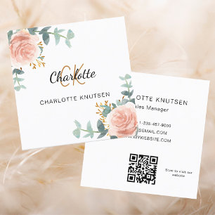 Rose gold florals monogram Qr code Square Business Card