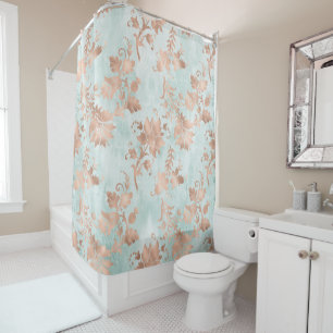 Rose Gold Florals on Distressed Teal Shower Curtain