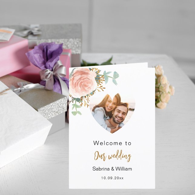 Rose gold florals photo welcome program menu (Creator Uploaded)