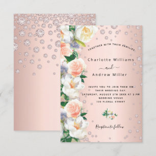 Rose gold florals pink diamonds wedding invitation