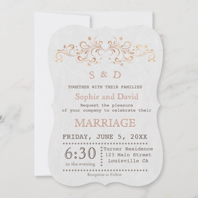 Rose Gold Flourish Swirl White Wedding Invite (Front)