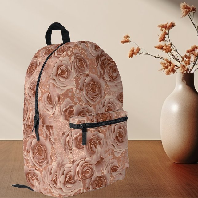 Rose Gold Flower Flower Glitter Metallic Look Printed Backpack (Creator Uploaded)