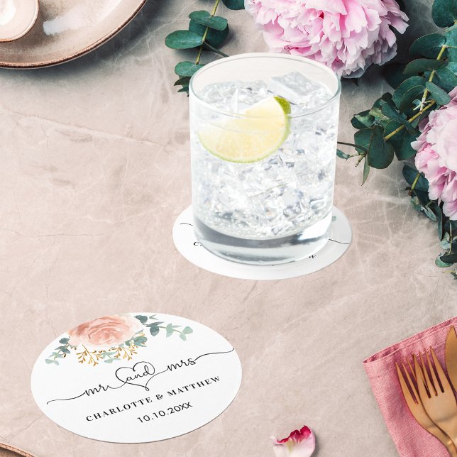 Rose gold flower greenery mr mrs wedding round paper coaster (Creator Uploaded)
