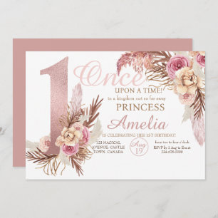  Rose Gold Flower Pampas Princess 1st Birthday  Invitation