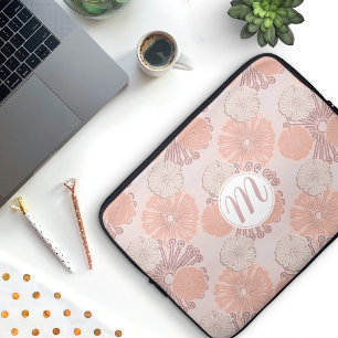 Rose Gold Flower Pattern & Monogram Laptop Sleeve