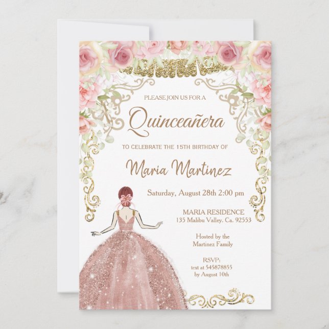Rose Gold Flowers and Gold Glitters Quinceanera  Invitation (Front)