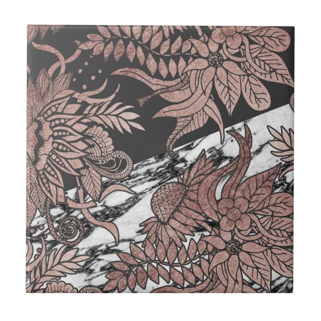 Rose Gold Flowers and Modern Black and Marble Cut Ceramic Tile (Front)