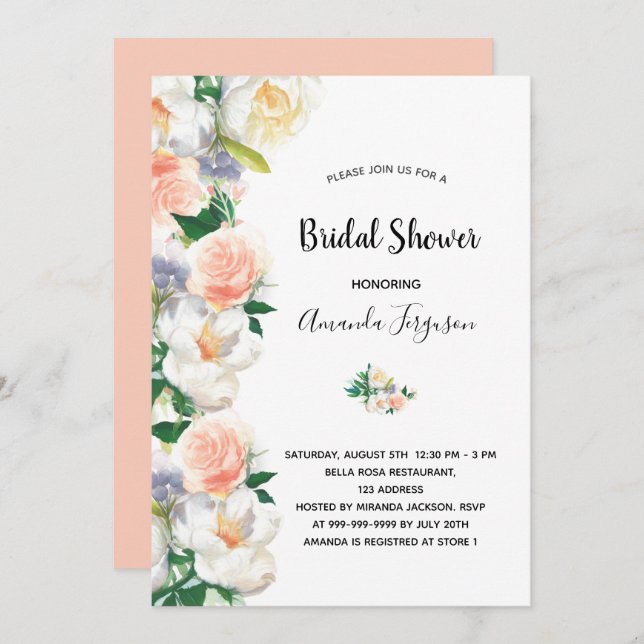 Rose gold flowers blush pink white bridal shower invitation (Front/Back)