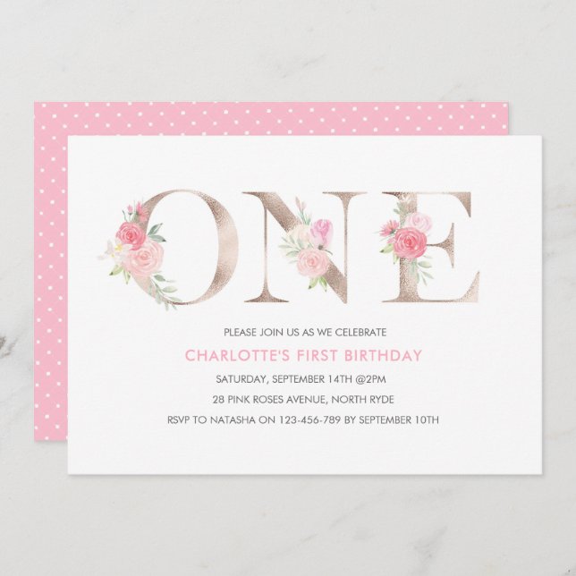 Rose gold flowers first Birthday Invitation (Front/Back)