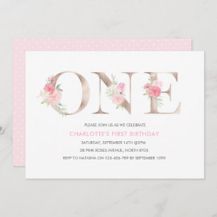 Rose gold flowers first Birthday Invitation