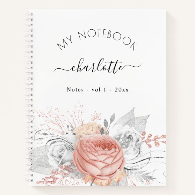 Rose gold flowers name script notebook (Front)